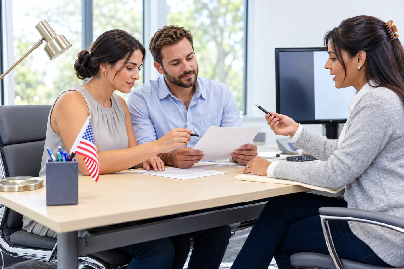 A couple sitting together reviewing loan papers